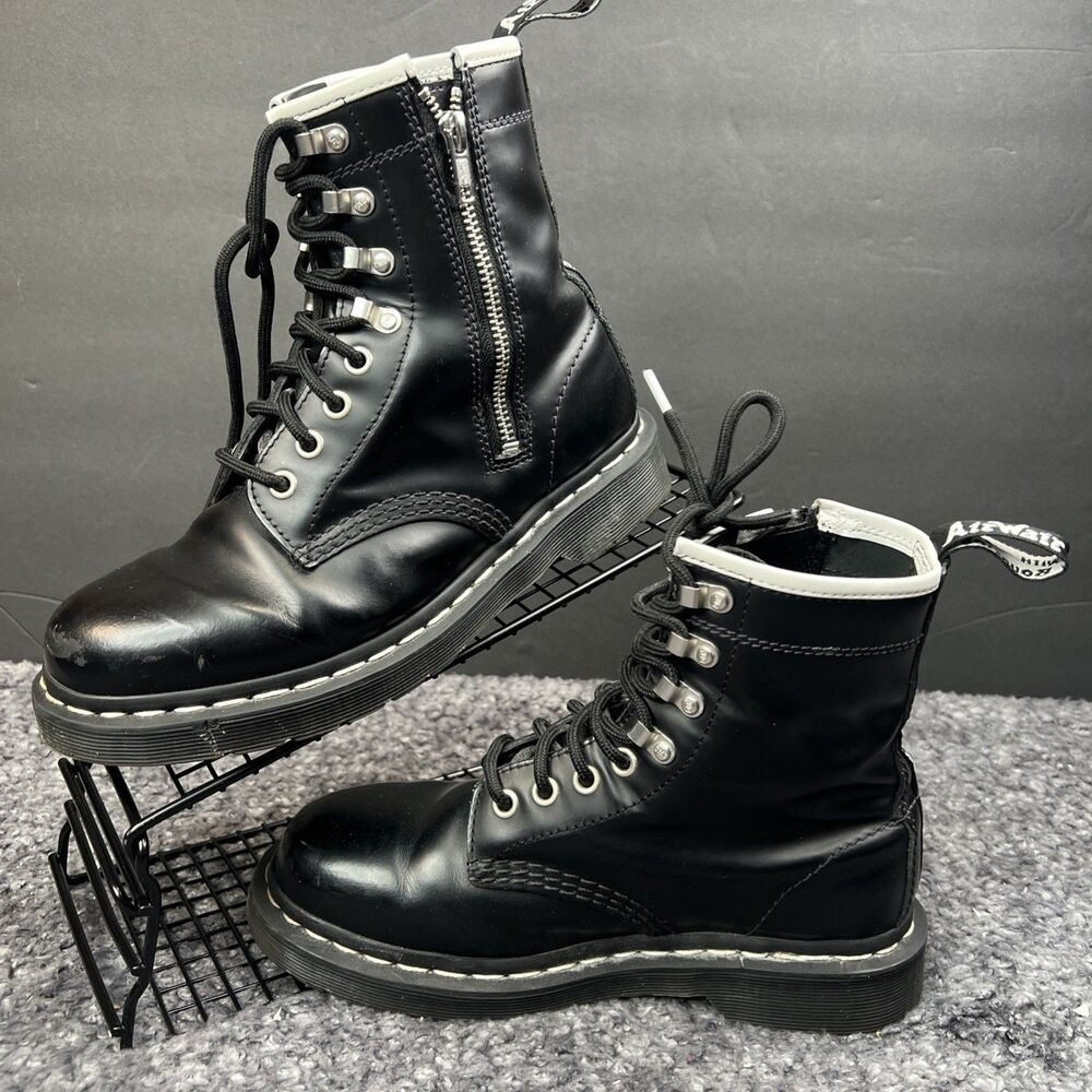 Dr. Martens 1460 Zipped HDW Black Leather Boots Women's 5 Men's 4 White Stitch